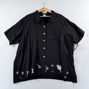 NEW Paradiso Button Up Shirt Women 2X Black Cocktail Tropical Retro Kitschy Tiki
